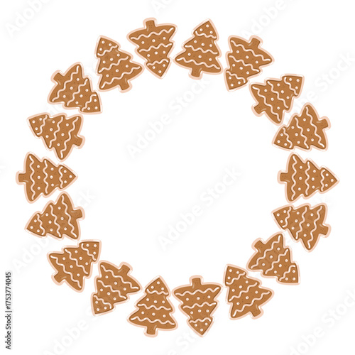 Round frame with gingerbread Christmas tree cookies in festive style. Vector isolated illustration on white background. 