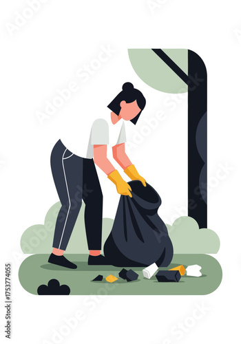 Flat Vector Illustration of Woman Cleaning up Litter