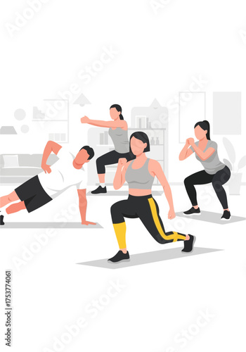 Flat Vector Illustration Group Home Fitness Workout