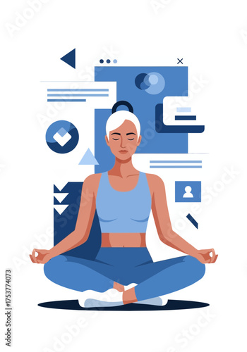 Mindful Woman Meditating Amidst Digital Information Overload
