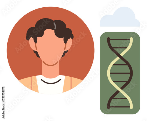 Faceless person portrait alongside a DNA helix under a cloud. Ideal for genetics, identity, science, bioinformatics, research, biomedicine, and privacy. Simple flat metaphor