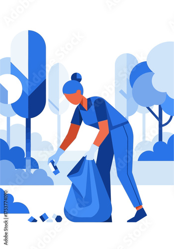 Modern Flat Vector Illustration of Woman Cleaning Park