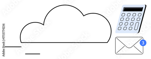 Cloud with lines, calculator, and email with notification bubble combine to depict modern tech use. Ideal for data storage, communication, finance, tech innovation, organization, productivity simple