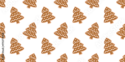 Seamless pattern with gingerbread Christmas tree cookies on white background. Winter Holiday vector background.