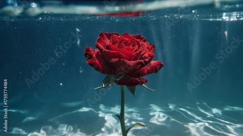 A vibrant red rose blooms underwater, its stem reaching up. Light dances on the water's surface