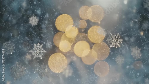 Winter scene of falling snowflakes and golden bokeh lights against a dark blue backdrop