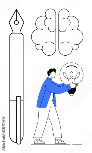 Man holding lightbulb beside brain and pen symbolizing creativity, thinking, problem-solving, education, innovation, brainstorming, and inspiration. Ideal for conceptual intellectual themes. Simple
