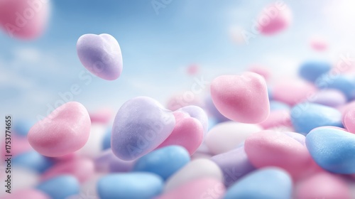 Colorful heart shaped candy floating in a soft blue background