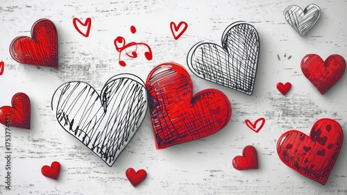 A white background with a bunch of hearts, some of which are red and some are white. The hearts are drawn with a marker and some are outlined in red