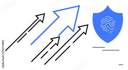 Multiple arrows pointing towards a blue shield with a fingerprint, symbolizing progress and security. Ideal for protection, growth, technology, trust, cybersecurity, innovation success. Simple flat