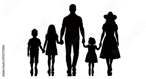 A black vector silhouette illustration of a happy family of five, including parents and three children, walking together hand-in-hand on a clean white background.
