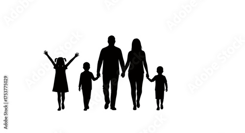 Silhouette of a happy family with two parents and three children walking together holding hands, conveying unity and togetherness in a simple vector graphic.