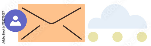 Orange envelope with user icon beside a white cloud and three yellow dots. Ideal for messaging, cloud storage, data transfer, digital interaction, online communication, email services, and network