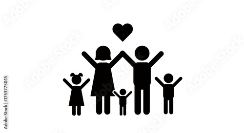 A heartwarming black vector silhouette illustrates a loving family of five, featuring parents and three children, with a prominent heart symbolizing their strong bond and unity.
