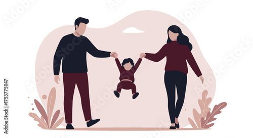 A heartwarming vector illustration depicts a loving family, parents holding hands with their child, creating a joyful scene of togetherness, perfect for various design projects and concepts.