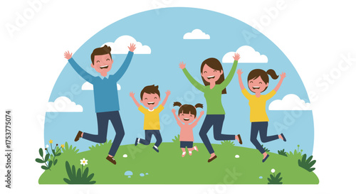 A happy family of five joyfully jumping and celebrating together in a green field under a bright blue sky, creating a heartwarming and cheerful vector illustration.
