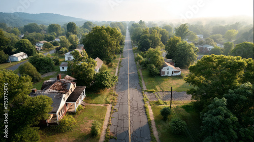Fototapeta Naklejka Na Ścianę i Meble -  Aerial view of serene small town with lush greenery and quiet streets