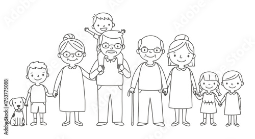 A cheerful multi-generational family, including grandparents, parents, children, and a pet dog, stands together in a simple black and white vector illustration.