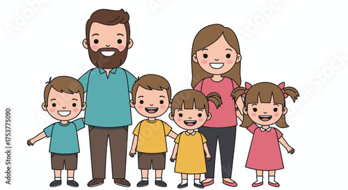 A cheerful family portrait in vector format shows parents and their three smiling children standing together, perfect for illustrating family values and togetherness.