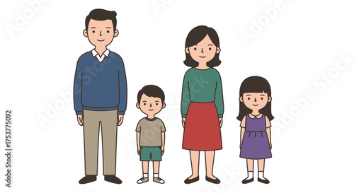 A cheerful vector illustration depicts a nuclear family of four, with parents and two children, presented in a simple, colorful, and easily recognizable PNG format.
