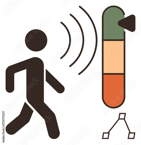 Person moving past a noise level indicator with sections indicating low to high noise and sound waves. Ideal for safety monitoring, urban noise control, risk awareness, health awareness, sound