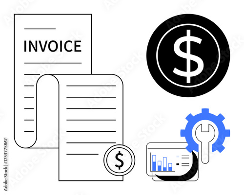 Invoice paper and dollar coin, chart on screen, gear icon for optimization. Ideal for accounting, billing, finance, analytics, business operations investments budgeting. Simple flat metaphor