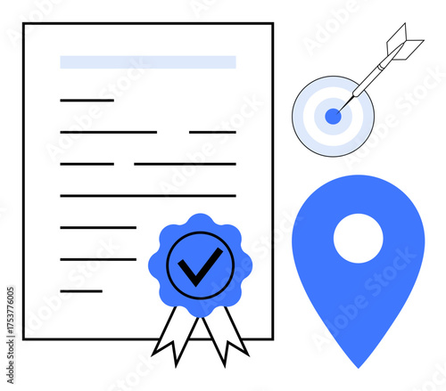 Document with ribbon and checkmark, target with arrow, and location pin in minimalistic style. Ideal for certification, accuracy, completion, success, achievement precision navigation. Simple flat