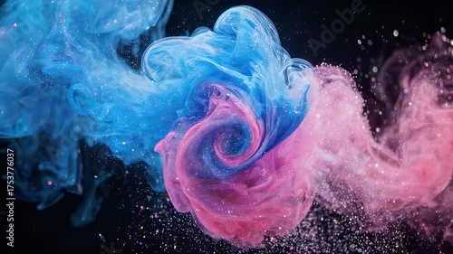 Abstract swirling masses of vibrant blue and pink smoke with scattered glitter against a dark backdrop