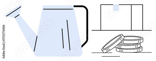 Watering can next to stacked coins and a package box. Ideal for growth, investment, shipping, economy, finances, sustainability, and commerce. Simple flat metaphor