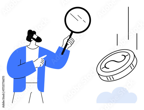 Person holding magnifier examining a falling coin, emphasizing analysis, value evaluation, judgment. Ideal for finance, economy, decision-making, risk assessment, investment focus simple flat