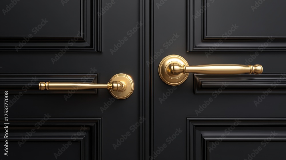 Fototapeta premium Elegant black door with polished gold handles showcasing intricate design details in a modern interior setting enhancing luxury and sophistication