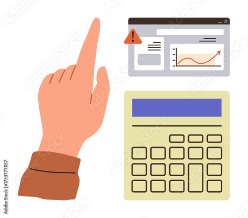 Hand pointing to software screen showing warning alert and graph, accompanied by a calculator. Ideal for finance, budgeting, accounting, analytics, troubleshooting, problem-solving, risk management