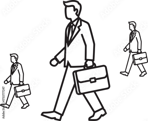 Minimalist Businessmen Walking with Briefcases in Outline Style Vector Illustration