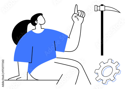 Woman seated with raised hand, gear, and hammer-pickaxe. Ideal for innovation, industry, mining, teamwork, problem-solving progress and creativity. Simple flat metaphor
