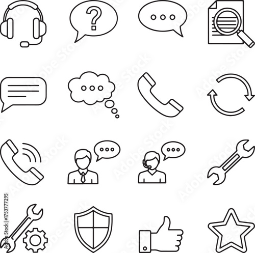 Collection of essential line icons for business and technology support services