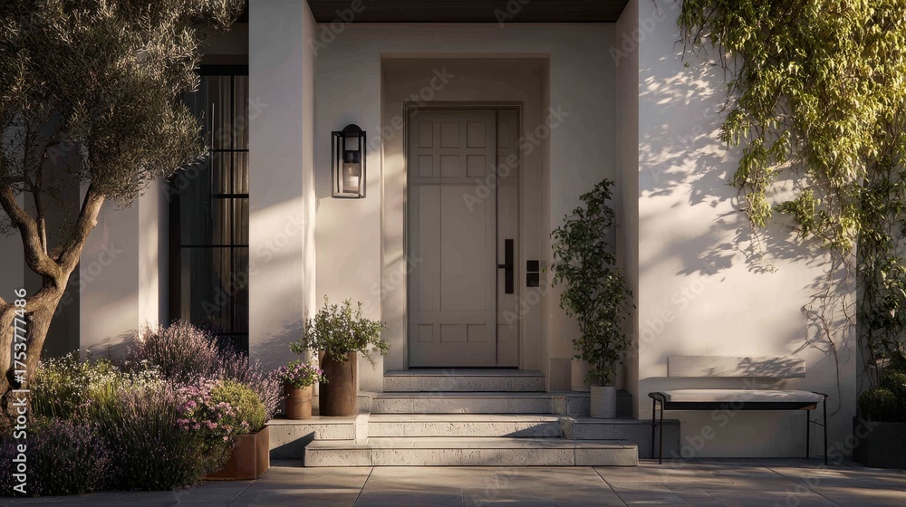 Fototapeta premium Serene Entryway with Subtle Shadows and Lush Plants Leading to a Modern Door in a Tranquil Outdoor Setting Surrounded by Natural Beauty