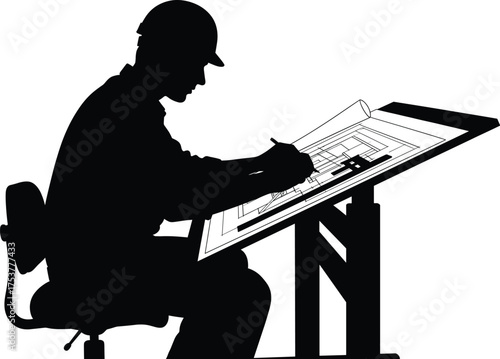 Architect silhouette, drafting table, construction plan, engineer drawing, hard hat worker, technical design, blueprint sketch, architecture concept, vector illustration