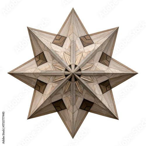 Intricate eight-pointed wooden star ornament on black background.