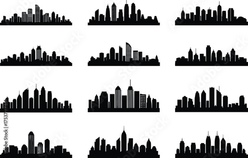 City skyline silhouettes, urban architecture, skyscraper design, metropolitan buildings, modern cityscape, downtown skyline, real estate concept, vector illustration