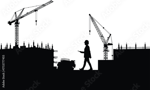 Construction site silhouette, tower cranes, building under construction, worker with clipboard, industrial machinery, urban development, architecture design, vector illustration