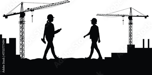 Construction site silhouettes, tower cranes, workers with hard hats, building under construction, industrial teamwork, urban development, architecture design, vector illustration