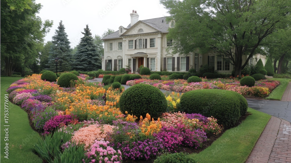 Obraz premium Beautifully Landscaped Garden with Vibrant Flowers and Neatly Trimmed Shrubs in Front of Elegant House on a Cloudy Day