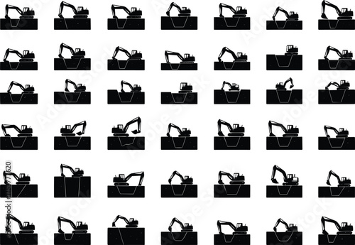 Excavator silhouettes, construction site, building under construction, heavy machinery, industrial work, urban development, engineering design, construction process, vector illustration