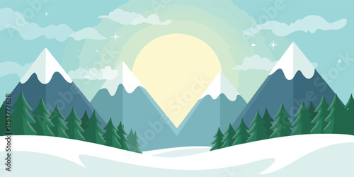 A cartoon mountain scene featuring snowcapped peaks green trees  a sun peaking through the clouds