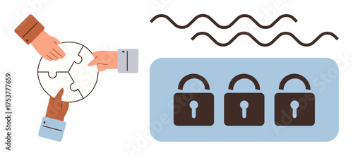 Hands assembling a puzzle piece circle and three locks on a screen. Ideal for teamwork, security, collaboration, digital safety, cooperation, solutions, privacy. A simple flat metaphor