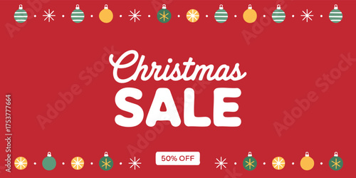 A Christmas sale sign with ornaments and snowflakes on a red background