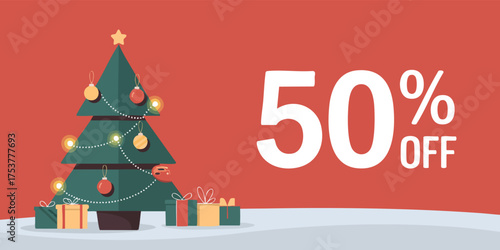 A Christmas tree stands beside a large 50 OFF text against a red backdrop with gifts and snow