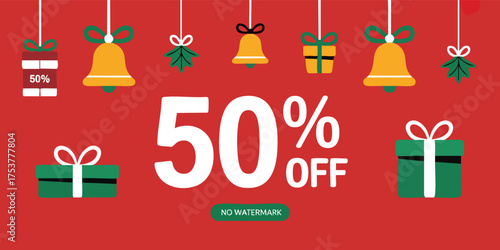 A holiday sale design with gift boxes bells and mistletoe showcasing a 50 OFF discount