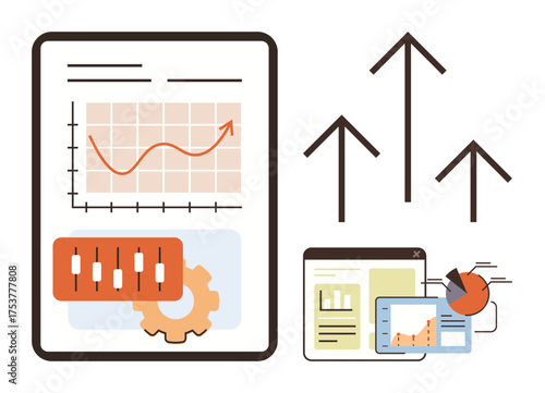 Charts, graphs, and upward arrows representing financial growth. Ideal for analytics, performance, data growth, finance, strategy business success investment. Simple flat metaphor