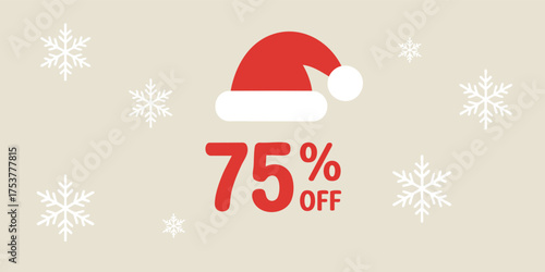 A holiday sale graphic shows 75 off with a Santa hat above and snowflake icons scattered on a beige background